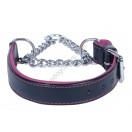 Adjustable PADDED Half check / Martingale Leather Dog Collar - Black with Purple Lining. (Stainless Steel Chain)
